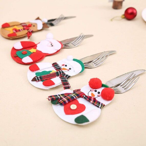 CHBOP 3 x 4 Stück Weihnachten Bestecktasche Besteckbeutel Besteckhalter Weihnachtsdeko tischdeko Rentier Schneemann Weihnachtsmann insgesamt