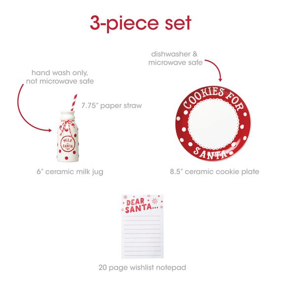 Pearhead Christmas Cookies for Santa Plate, Milk Jug and Dear Notepad Set, Gift For Kids, Holiday Decor