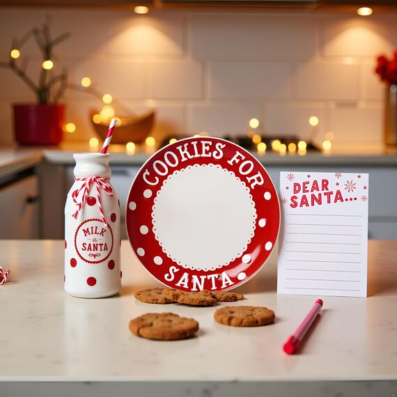 Pearhead Christmas Cookies for Santa Plate, Milk Jug and Dear Notepad Set, Gift For Kids, Holiday Decor