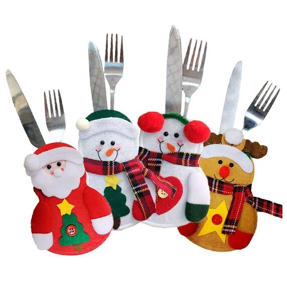 CHBOP 3 x 4 Stück Weihnachten Bestecktasche Besteckbeutel Besteckhalter Weihnachtsdeko tischdeko Rentier Schneemann Weihnachtsmann insgesamt
