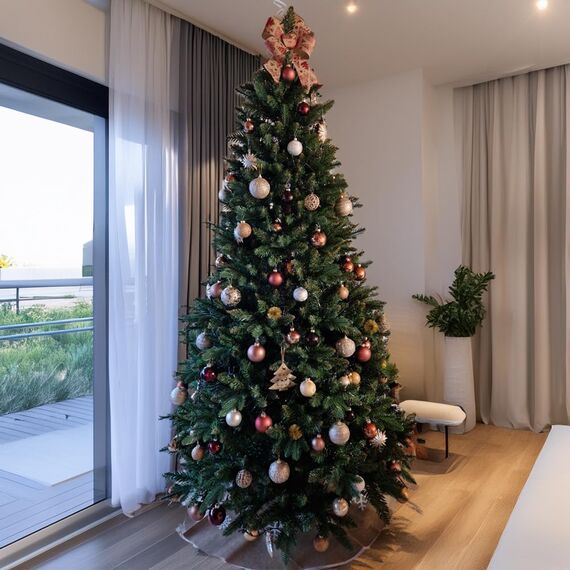 RS Trade 23012 Premium Tanne PE/PVC 270 cm Weihnachtsbaum künstlich (Ø ca.160 cm) mit 2934 Spitzen, Schnellaufbau Klappsystem, Naturgetreue Spritzguss Elemente, Tannenbaum inkl. Christbaum Ständer