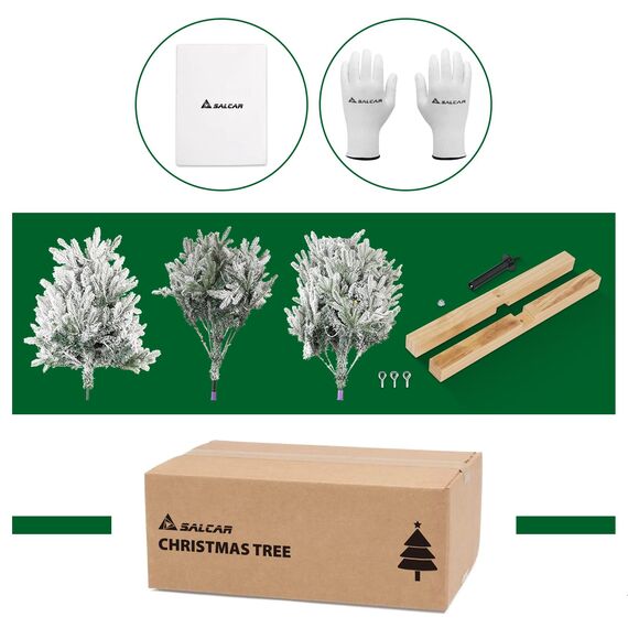 SALCAR Weiss Künstlicher Weihnachtsbaum mit Beleuchtung 180 cm, Schnee Tannenbaum Künstlich mit 330 LED, Handschuhen, Holzständer