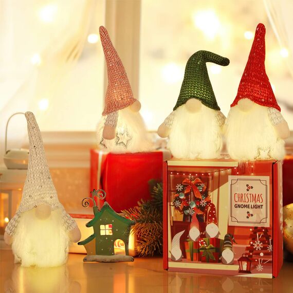 MTaoyac Weihnachtsdeko Wichtel 4Set,Weihnachtsbaumschmuck mit LED Warmweiß,Schwedischen Weihnachtsmann Santa Tomte Gnom,mit Geschenkbox Christmas Decorations für Weihnachtszwerg