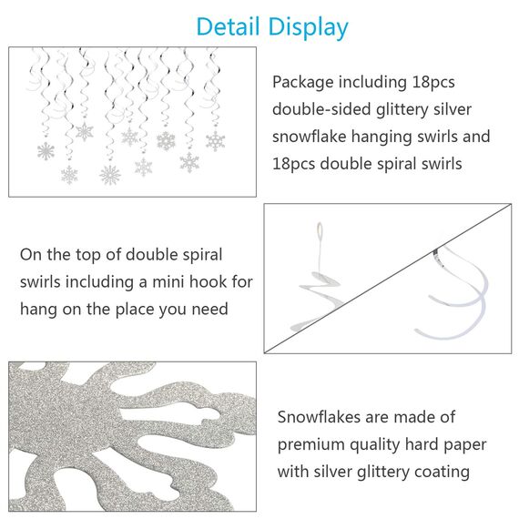LANMOK 36Stk Spiralen Schneeflocke Weihnachten Decke Anhänger Glitzer Silber Schneeflockendeko Hängendeko Kinder Weihnachtsfest Party