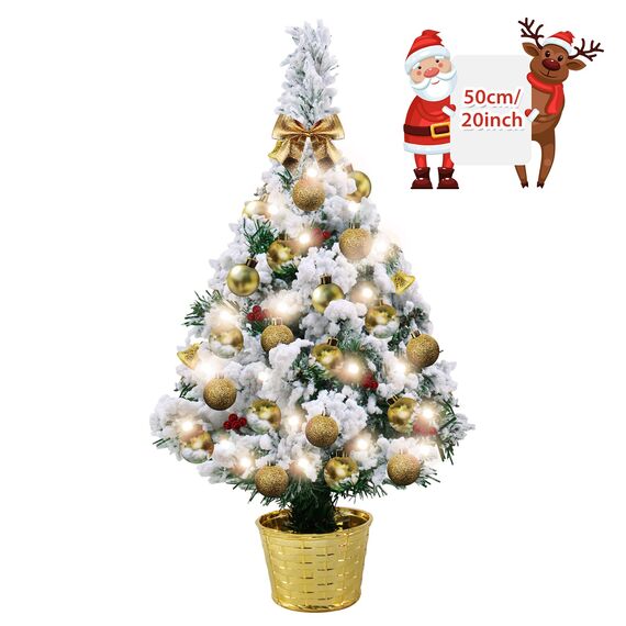 Mini Tabletop Weihnachtsbaum mit Schnee 50cm Künstliche Weihnachtskiefer Baum & Batteriebetriebene Beleuchtung & Weihnachtsball für Weihnachten, Schule, Zuhause, Esstisch Dekor (Alles in einem Set)