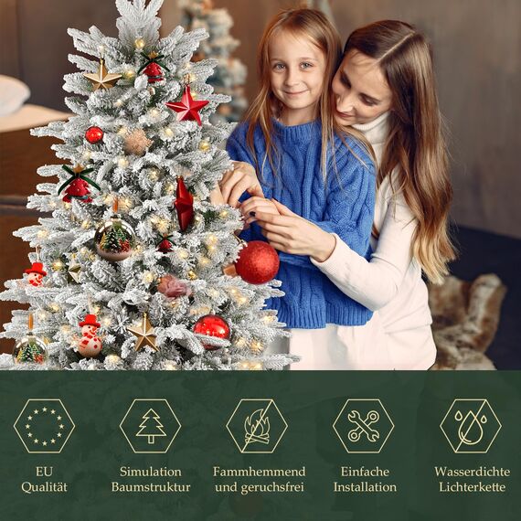 SALCAR Weiss Künstlicher Weihnachtsbaum mit Beleuchtung 180 cm, Schnee Tannenbaum Künstlich mit 330 LED, Handschuhen, Holzständer