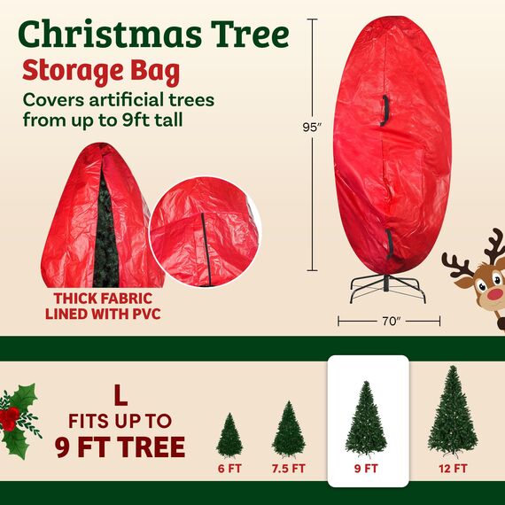 Elf Stor Aufrechte Weihnachtsbaumtasche, Reißverschlussabdeckung mit Griffen und Kordel, für montierte künstliche Bäume bis zu 2,5 m, Rot