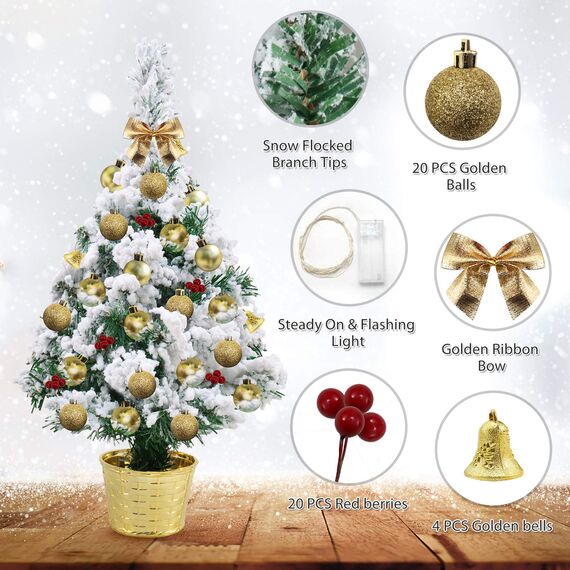 Mini Tabletop Weihnachtsbaum mit Schnee 50cm Künstliche Weihnachtskiefer Baum & Batteriebetriebene Beleuchtung & Weihnachtsball für Weihnachten, Schule, Zuhause, Esstisch Dekor (Alles in einem Set)