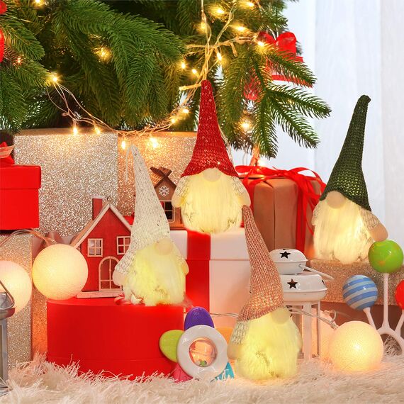 MTaoyac Weihnachtsdeko Wichtel 4Set,Weihnachtsbaumschmuck mit LED Warmweiß,Schwedischen Weihnachtsmann Santa Tomte Gnom,mit Geschenkbox Christmas Decorations für Weihnachtszwerg