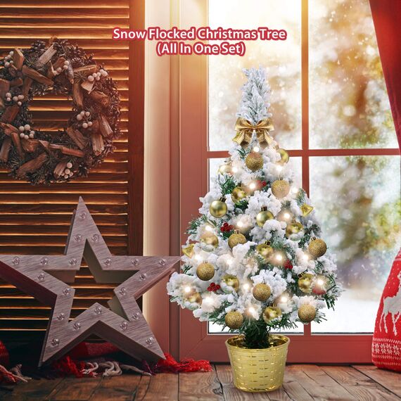 Mini Tabletop Weihnachtsbaum mit Schnee 50cm Künstliche Weihnachtskiefer Baum & Batteriebetriebene Beleuchtung & Weihnachtsball für Weihnachten, Schule, Zuhause, Esstisch Dekor (Alles in einem Set)