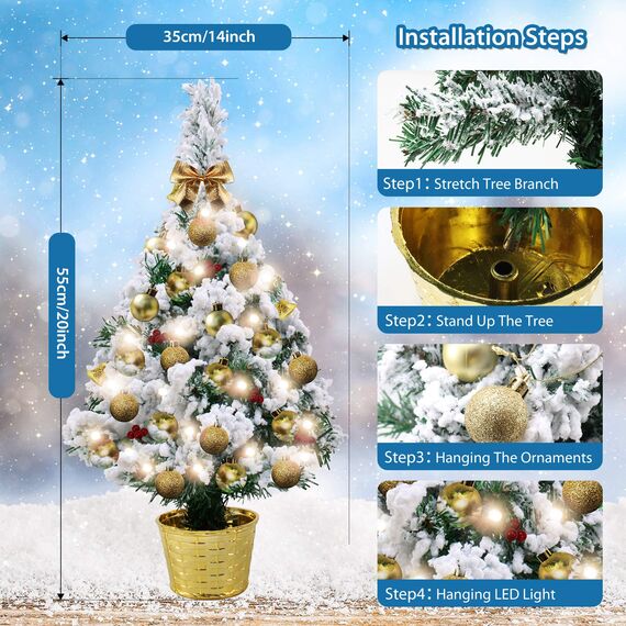 Mini Tabletop Weihnachtsbaum mit Schnee 50cm Künstliche Weihnachtskiefer Baum & Batteriebetriebene Beleuchtung & Weihnachtsball für Weihnachten, Schule, Zuhause, Esstisch Dekor (Alles in einem Set)