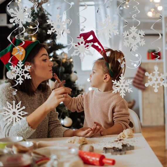 LANMOK 36Stk Spiralen Schneeflocke Weihnachten Decke Anhänger Glitzer Silber Schneeflockendeko Hängendeko Kinder Weihnachtsfest Party