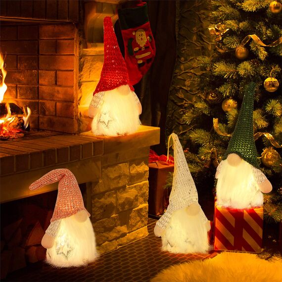 MTaoyac Weihnachtsdeko Wichtel 4Set,Weihnachtsbaumschmuck mit LED Warmweiß,Schwedischen Weihnachtsmann Santa Tomte Gnom,mit Geschenkbox Christmas Decorations für Weihnachtszwerg