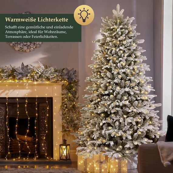 SALCAR Weiss Künstlicher Weihnachtsbaum mit Beleuchtung 180 cm, Schnee Tannenbaum Künstlich mit 330 LED, Handschuhen, Holzständer
