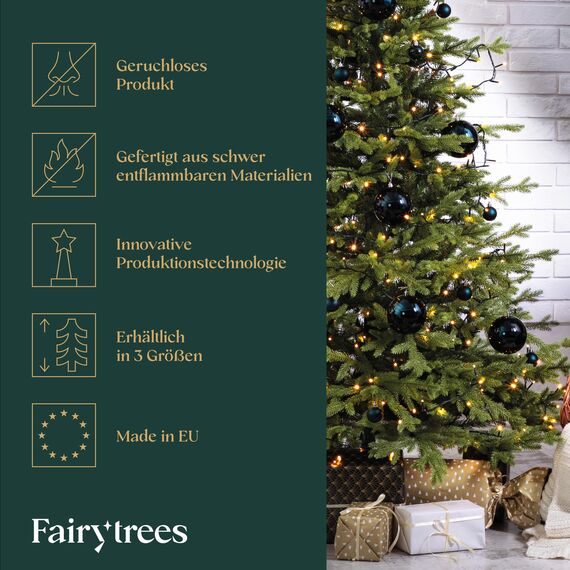 Weihnachtsbaum künstlich 180cm BAYERISCHE Tanne Premium von FairyTrees mit Christbaum Holzständer | Tannenbaum künstlich mit Naturgetreue Spritzguss Elemente | Made in EU