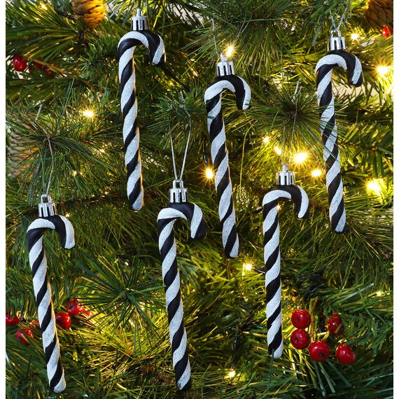 Christmas Concepts® Packung mit 6 – 13 cm Zuckerstange, Glitzer, Weihnachtsbaumschmuck (Schwarz & Weiß)