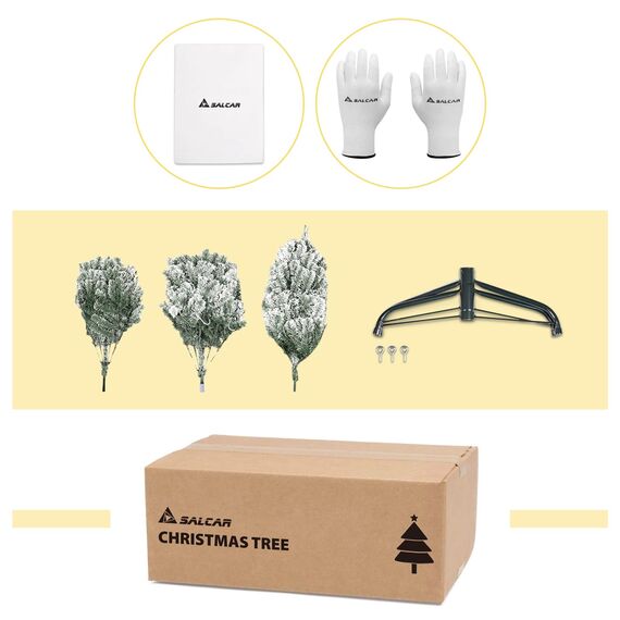 SALCAR 180 cm Künstlicher Weihnachtsbaum mit Schnee und Beleuchtung, Tannenbaum mit 828 Spitzen und 250 warmweißen LEDs, Schnellaufbau-Klappsystem Christbaum, inkl. Christbaumständer