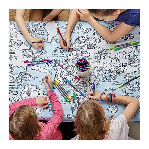 eatsleepdoodle Weltkarte-Tischdecke zum Ausmalen, spielerisches Lernen, waschbar und wiederverwendbar, inkl. 10 auswaschbare Stifte, 130x85cm, 100% Baumwolle