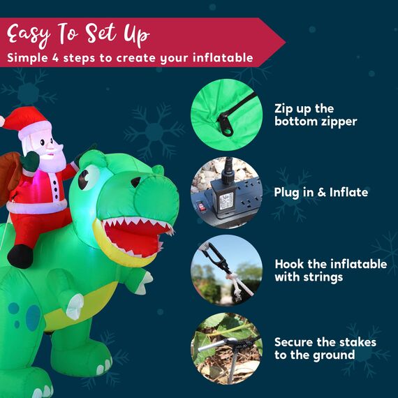 Joiedomi 1.8M/ 6FT Weihnachten aufblasbarer Dinosaurier mit eingebauten LEDs, Blow Up Dinosaurier mit Santa für Weihnachten aufblasbare Outdoor-Dekoration Xmas Party, Outdoor
