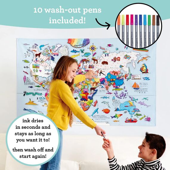 eatsleepdoodle Weltkarte-Tischdecke zum Ausmalen, spielerisches Lernen, waschbar und wiederverwendbar, inkl. 10 auswaschbare Stifte, 130x85cm, 100% Baumwolle