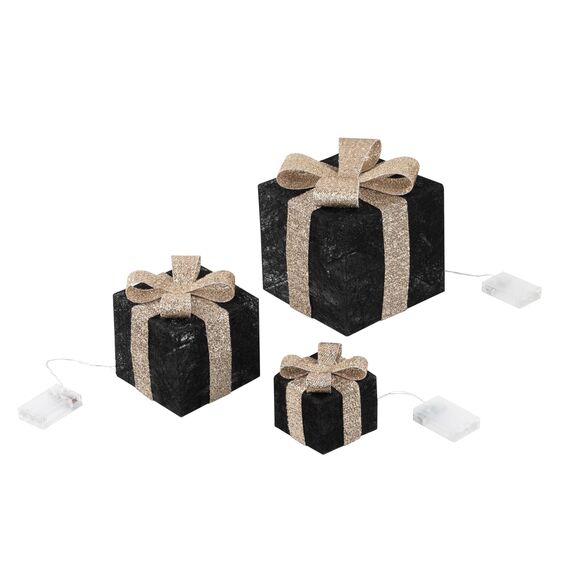 Bambelaa! 3er Led Deko Geschenke Leucht Boxen Timer Weihnachts Dekoration Weihnachtsdeko Beleuchtet Deko Weihnachten Schwarz-Gold