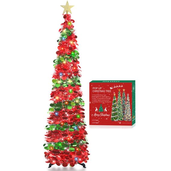 HMASYO 150 cm Pop-Up Lametta Weihnachtsbaum mit 50 Timer-Lichtern, Grün Rot Zusammenklappbarer Künstlich Schlanken Weihnachtsbaum für den Innenbereich, Zuhause Wohnung Kamin mit Festdekoration