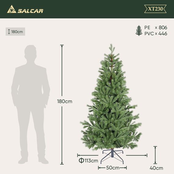 SALCAR Künstlicher Weihnachtsbaum 180 cm aus 90% PE Spritzguss, Premium Nordmanntanne, realistischer Christbaum mit Schnellaufbau Klappsystem