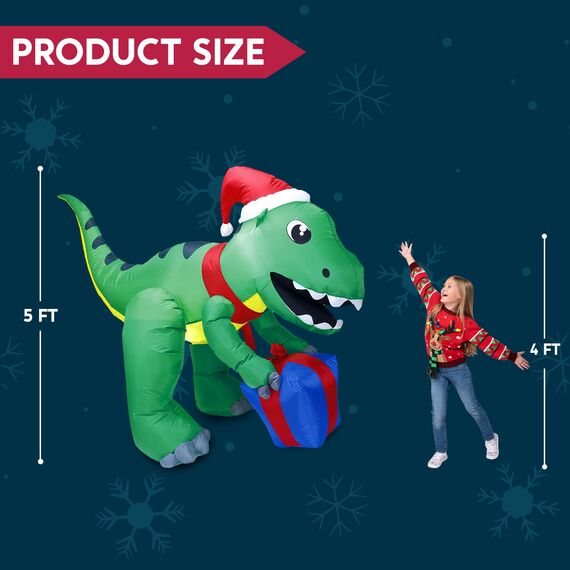 Joiedomi 5ft große Dinosaurier Weihnachten aufblasbare Dekoration, Blow Up Dinosaurier mit Geschenk-Box aufblasbare Build-in LEDs leuchtende riesige Weihnachten Hof Dekor für Xmas