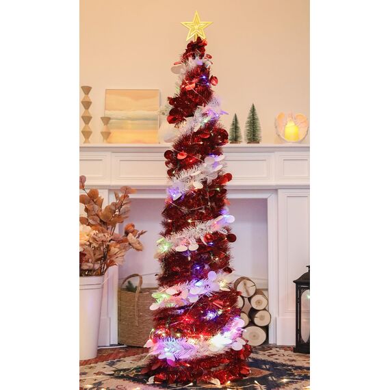 HMASYO 150 cm Pop-Up Lametta Weihnachtsbaum mit 50 Timer-Lichtern, Rot Weißer Zusammenklappbarer Künstlich Schlanken Weihnachtsbaum für den Innenbereich, Zuhause Wohnung Kamin mit Festdekoration