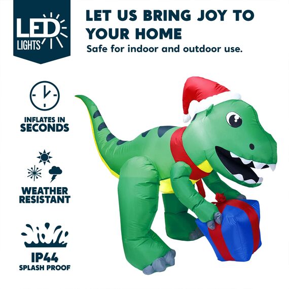 Joiedomi 5ft große Dinosaurier Weihnachten aufblasbare Dekoration, Blow Up Dinosaurier mit Geschenk-Box aufblasbare Build-in LEDs leuchtende riesige Weihnachten Hof Dekor für Xmas
