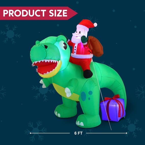Joiedomi 1.8M/ 6FT Weihnachten aufblasbarer Dinosaurier mit eingebauten LEDs, Blow Up Dinosaurier mit Santa für Weihnachten aufblasbare Outdoor-Dekoration Xmas Party, Outdoor