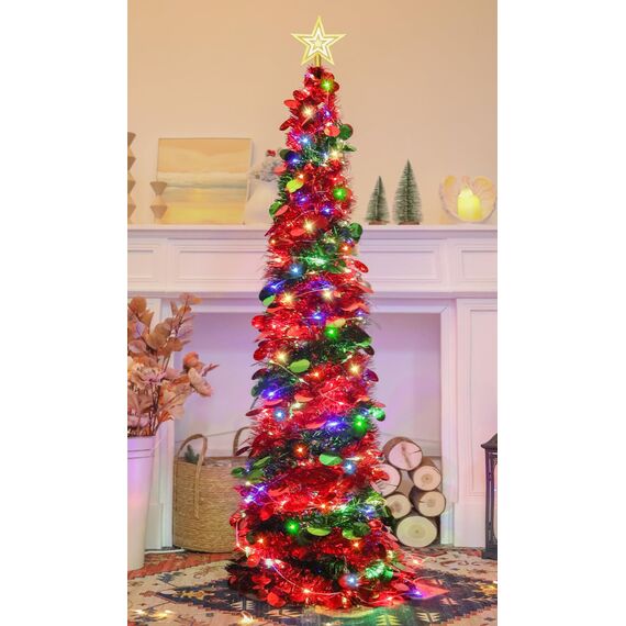 HMASYO 150 cm Pop-Up Lametta Weihnachtsbaum mit 50 Timer-Lichtern, Grün Rot Zusammenklappbarer Künstlich Schlanken Weihnachtsbaum für den Innenbereich, Zuhause Wohnung Kamin mit Festdekoration