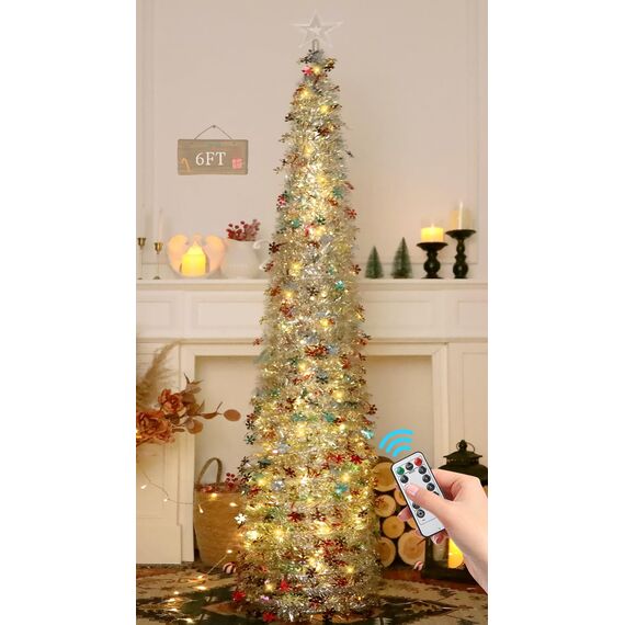 HMASYO 180 cm Pop-Up Lametta Weihnachtsbaum mit 100 Timer-Lichter und Fernbedienung, Zusammenklappbarer Künstlicher Schlanken Weihnachtsbaum für Zuhause Wohnung Büro Festdekoration, USB-Betrieb