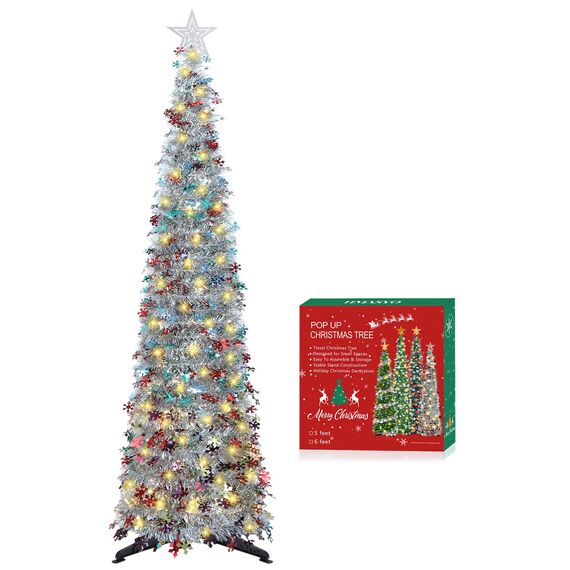 HMASYO 150 cm Pop-Up Lametta Weihnachtsbaum mit 50 Timer-Lichtern, Buntes Silber Zusammenklappbarer Künstlich Schlanken Weihnachtsbaum für den Innenbereich, Zuhause Wohnung Kamin mit Festdekoration