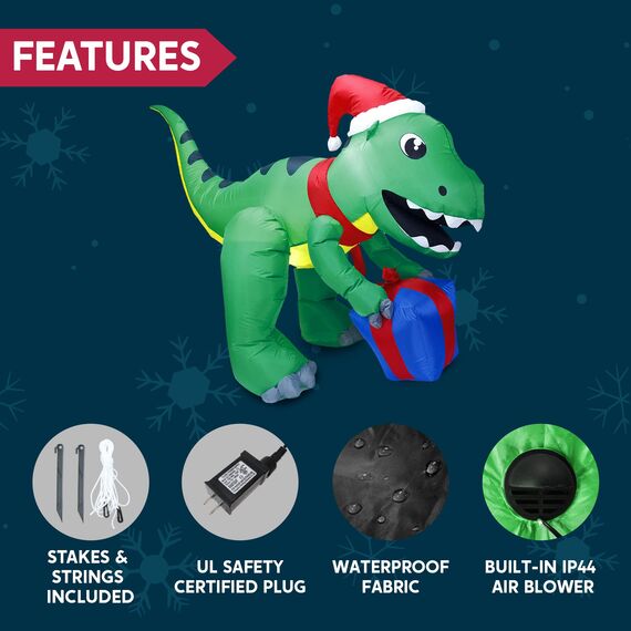 Joiedomi 5ft große Dinosaurier Weihnachten aufblasbare Dekoration, Blow Up Dinosaurier mit Geschenk-Box aufblasbare Build-in LEDs leuchtende riesige Weihnachten Hof Dekor für Xmas