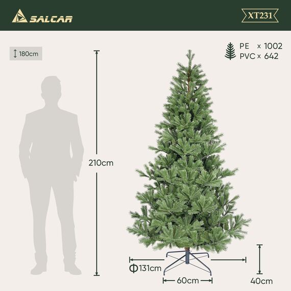 SALCAR Künstlicher Weihnachtsbaum 210 cm aus 90% PE Spritzguss, Premium Nordmanntanne, realistischer Christbaum mit Schnellaufbau Klappsystem