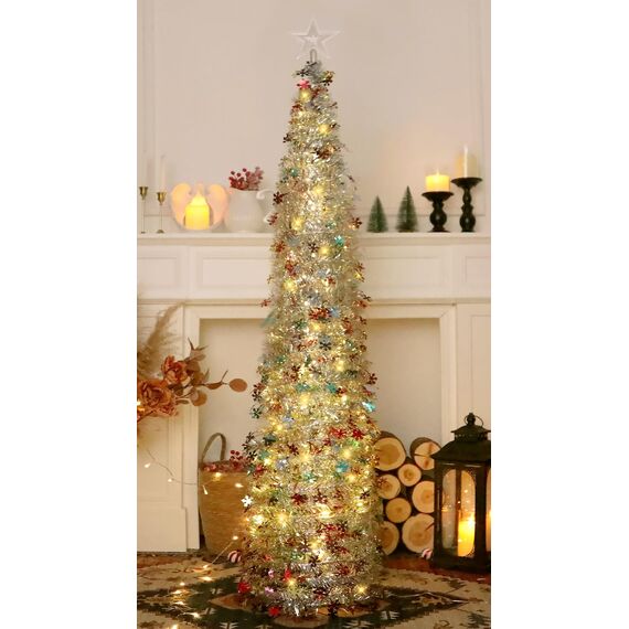 HMASYO 150 cm Pop-Up Lametta Weihnachtsbaum mit 50 Timer-Lichtern, Buntes Silber Zusammenklappbarer Künstlich Schlanken Weihnachtsbaum für den Innenbereich, Zuhause Wohnung Kamin mit Festdekoration