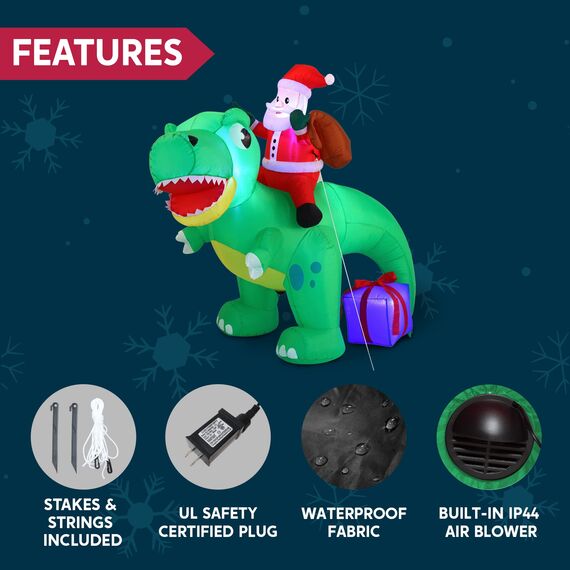 Joiedomi 1.8M/ 6FT Weihnachten aufblasbarer Dinosaurier mit eingebauten LEDs, Blow Up Dinosaurier mit Santa für Weihnachten aufblasbare Outdoor-Dekoration Xmas Party, Outdoor