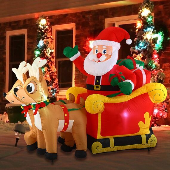Joiedomi Aufblasbarer Weihnachtsmann auf Schlitten mit Zwei Rentieren für Weihnachten, 1,8 m lang, LED Beleuchtet, Weihnachtsdekoration, Hofkunst, Heim- und Gartendekoration