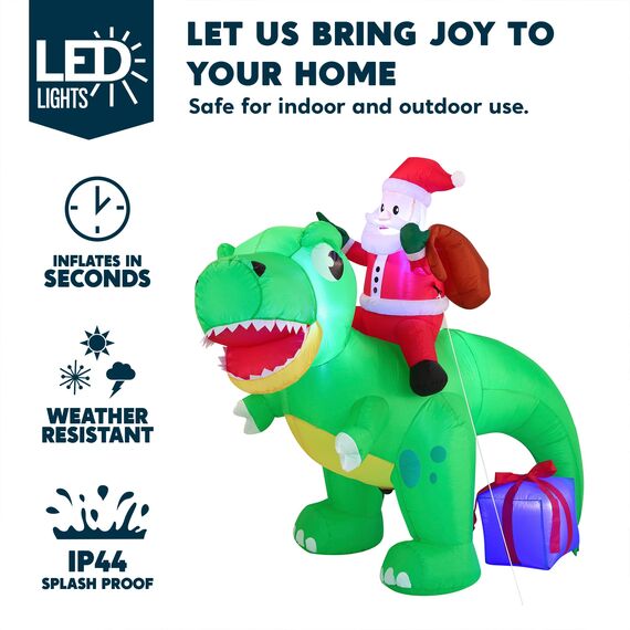 Joiedomi 1.8M/ 6FT Weihnachten aufblasbarer Dinosaurier mit eingebauten LEDs, Blow Up Dinosaurier mit Santa für Weihnachten aufblasbare Outdoor-Dekoration Xmas Party, Outdoor