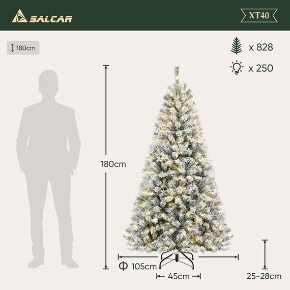 SALCAR 180 cm Künstlicher Weihnachtsbaum mit Schnee und Beleuchtung, Tannenbaum mit 828 Spitzen und 250 warmweißen LEDs, Schnellaufbau-Klappsystem Christbaum, inkl. Christbaumständer