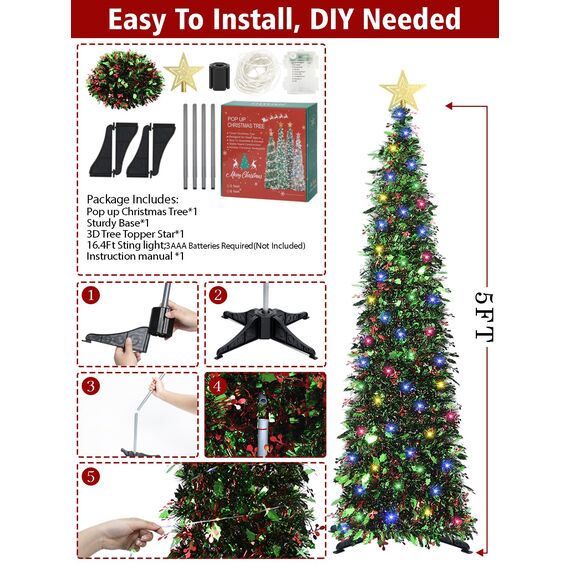 HMASYO Green Leaf Berries 1,5 m großer Pop-up-Weihnachtsbaum mit Zeitschaltuhr-Beleuchtung, Lametta-Weihnachtsbaum, zusammenklappbarer künstlicher Bleistiftbaum, Weihnachtsdekoration für Zuhause