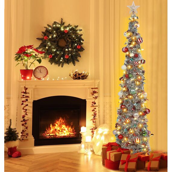HMASYO 150 cm Pop-Up Lametta Weihnachtsbaum mit 50 Timer-Lichtern, Buntes Silber Zusammenklappbarer Künstlich Schlanken Weihnachtsbaum für den Innenbereich, Zuhause Wohnung Kamin mit Festdekoration