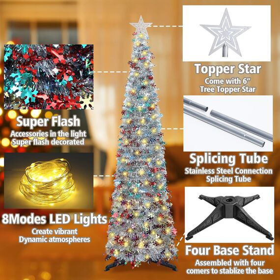 HMASYO 150 cm Pop-Up Lametta Weihnachtsbaum mit 50 Timer-Lichtern, Buntes Silber Zusammenklappbarer Künstlich Schlanken Weihnachtsbaum für den Innenbereich, Zuhause Wohnung Kamin mit Festdekoration