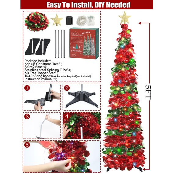 HMASYO 150 cm Pop-Up Lametta Weihnachtsbaum mit 50 Timer-Lichtern, Grün Rot Zusammenklappbarer Künstlich Schlanken Weihnachtsbaum für den Innenbereich, Zuhause Wohnung Kamin mit Festdekoration