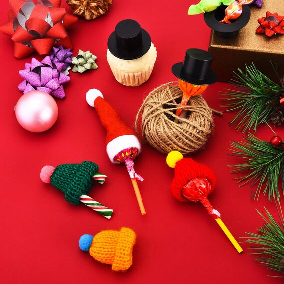 WILLBOND 120 Stück Mini Weihnachten Strickmütze Mini Rote Weihnachtsmütze Schwarz Plastik Weihnachtsmütze Weihnachten Puppe Basteln Hut für Christbaum Ornaments DIY Handwerk Kunst Dekoration
