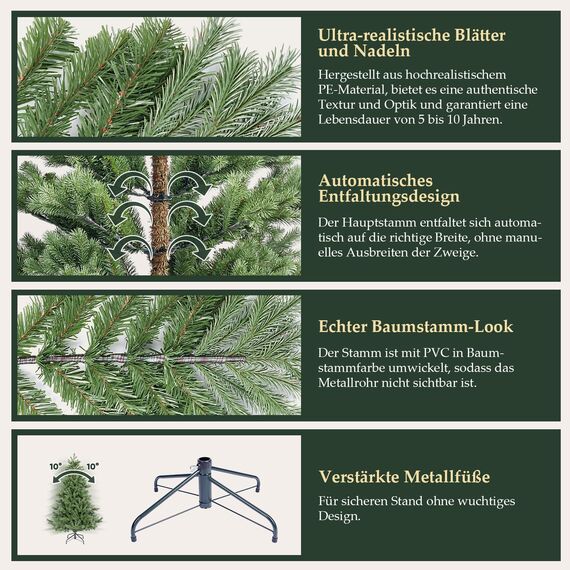 SALCAR Künstlicher Weihnachtsbaum 180 cm aus 90% PE Spritzguss, Premium Nordmanntanne, realistischer Christbaum mit Schnellaufbau Klappsystem