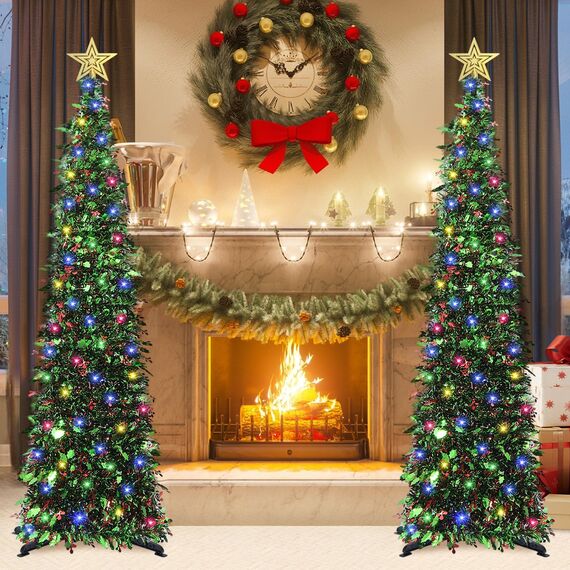 HMASYO Green Leaf Berries 1,5 m großer Pop-up-Weihnachtsbaum mit Zeitschaltuhr-Beleuchtung, Lametta-Weihnachtsbaum, zusammenklappbarer künstlicher Bleistiftbaum, Weihnachtsdekoration für Zuhause