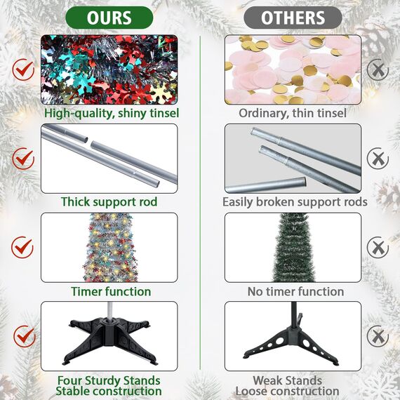 HMASYO 150 cm Pop-Up Lametta Weihnachtsbaum mit 50 Timer-Lichtern, Buntes Silber Zusammenklappbarer Künstlich Schlanken Weihnachtsbaum für den Innenbereich, Zuhause Wohnung Kamin mit Festdekoration