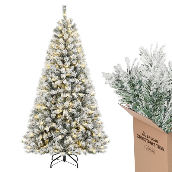 SALCAR 180 cm Künstlicher Weihnachtsbaum mit Schnee und Beleuchtung, Tannenbaum mit 828 Spitzen und 250 warmweißen LEDs, Schnellaufbau-Klappsystem Christbaum, inkl. Christbaumständer